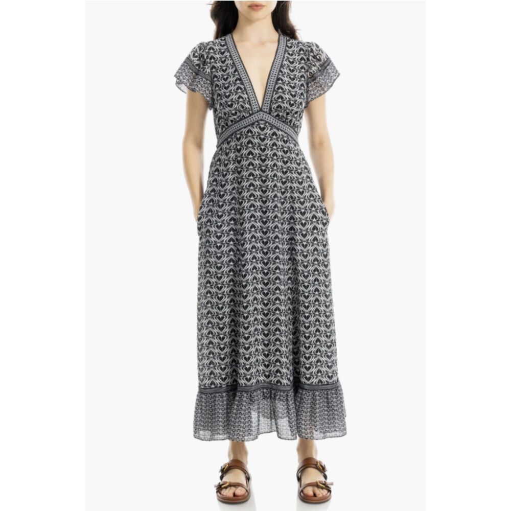Max Studio London Black White Floral Border Print Maxi Dress M NWT